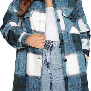 Blue Casual Plaid Shacket Jacket